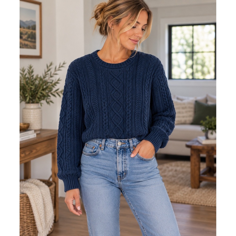 Amazon Essentials Navy Blue Chunky Cable Knit Crew Neck Sweater Size L Fisherman
